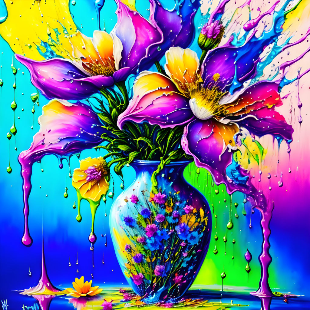 Colorful Flowers in Vase Painting with Melting Effect & Rainbow Background