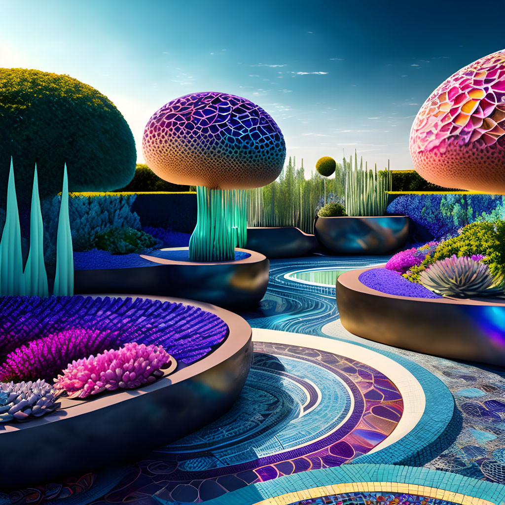 Vibrant surreal landscape with mosaic pathways and mushroom-like structures