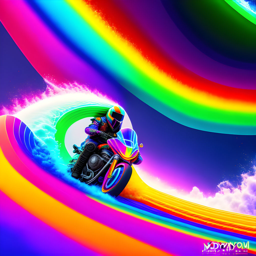 Colorful digital art: Rider on motorcycle on rainbow road