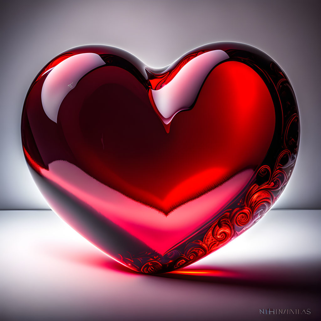 Intricate Patterns on Glossy Red Heart Gradient Background