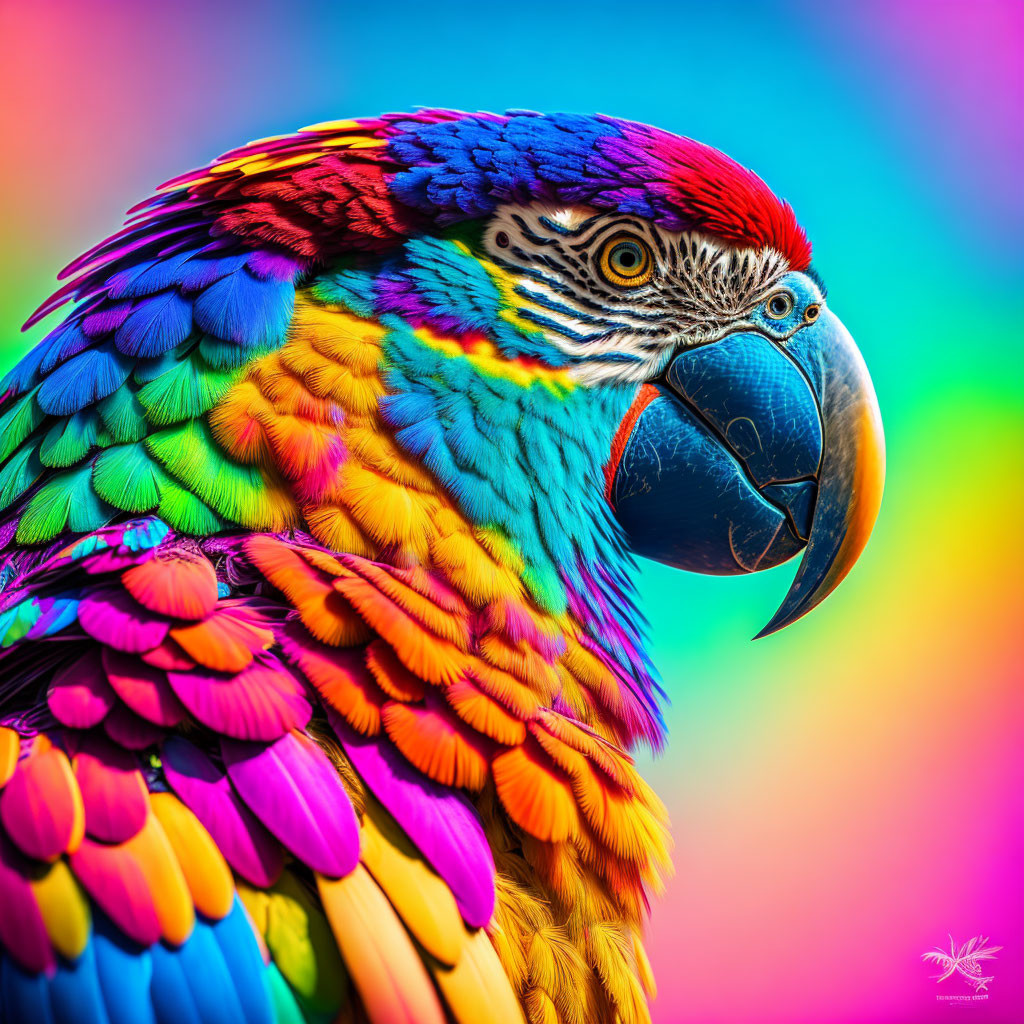 Colorful Macaw on Rainbow Background with Rich Feathers