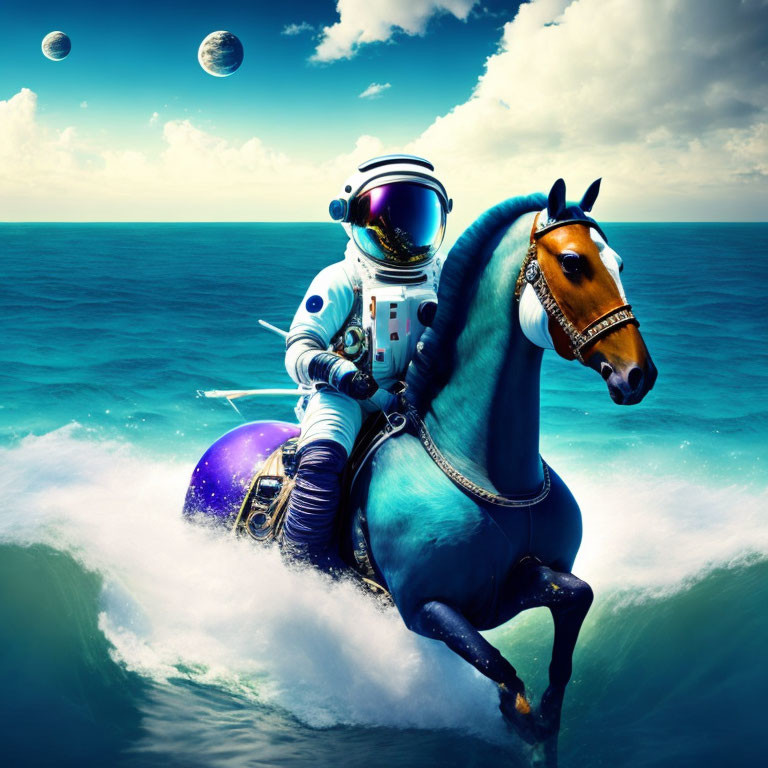 Astronaut on Horseback Surrounded by Ocean Waves and Planets