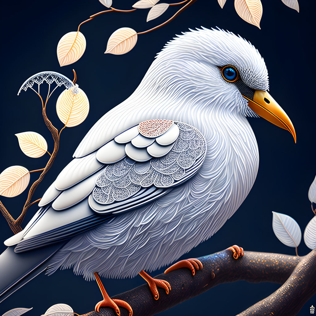 White bird illustration with feather patterns on branch, leaves, and berries on dark blue background