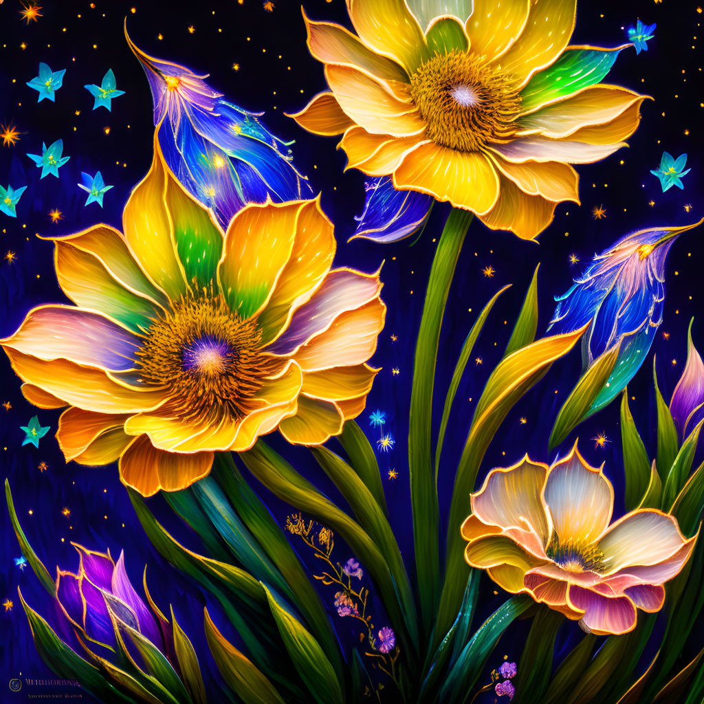 Colorful Glowing Edge Flowers on Dark Starry Background