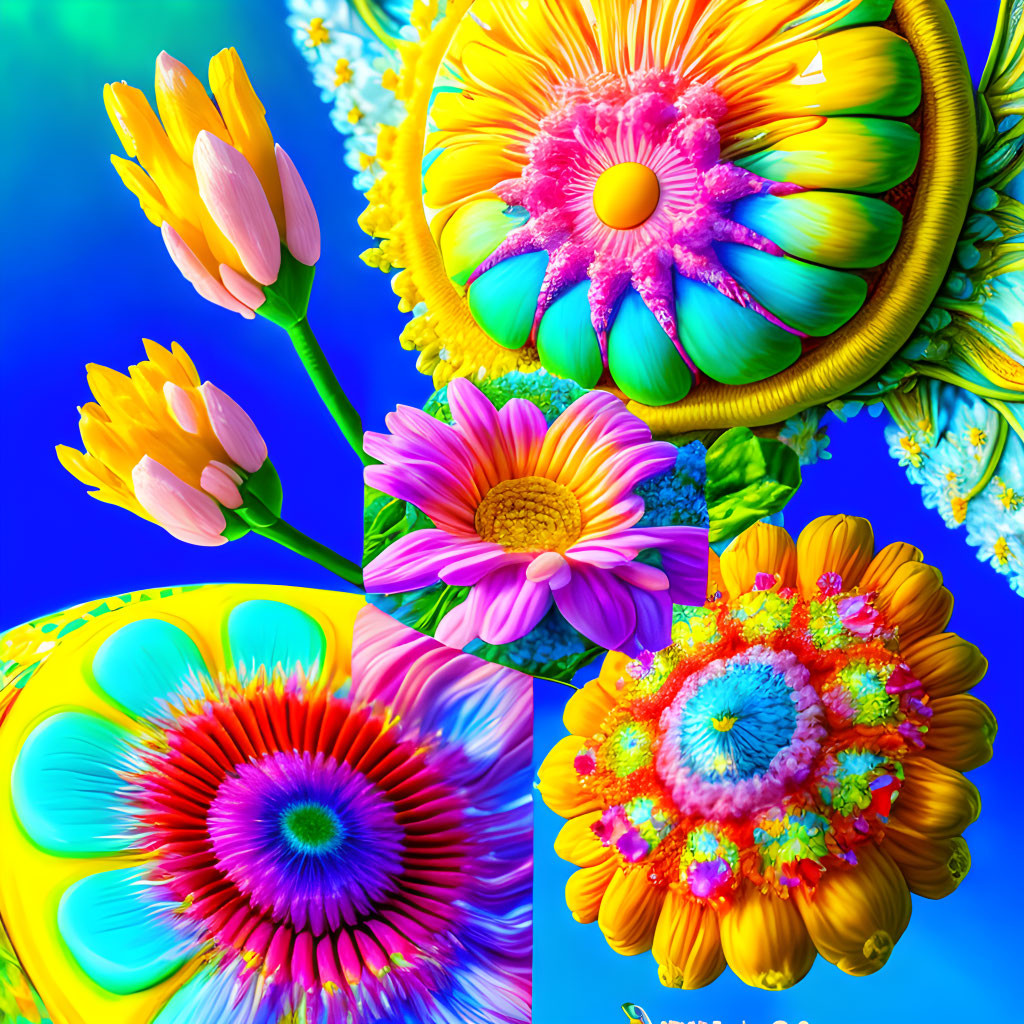 Colorful Stylized Flower Collage on Bright Blue Background