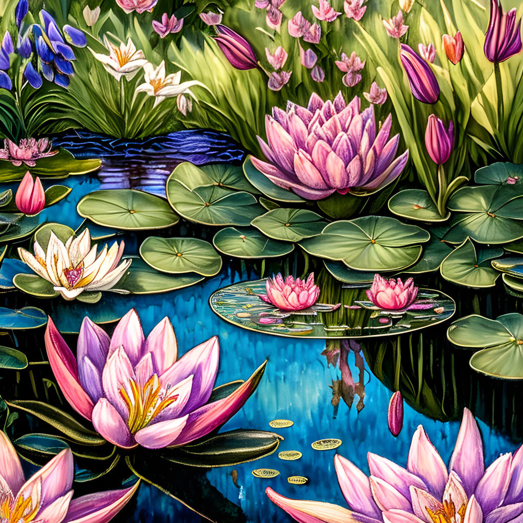 Tranquil water lily pond with vibrant pink and white blooms