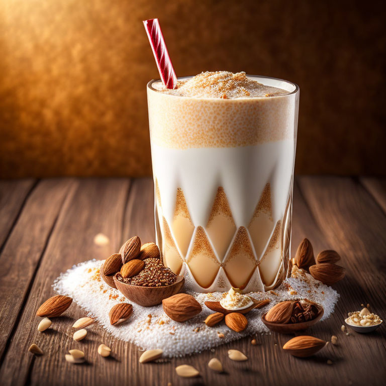 Creamy Frothy Beverage in Patterned Glass with Almonds and Grains