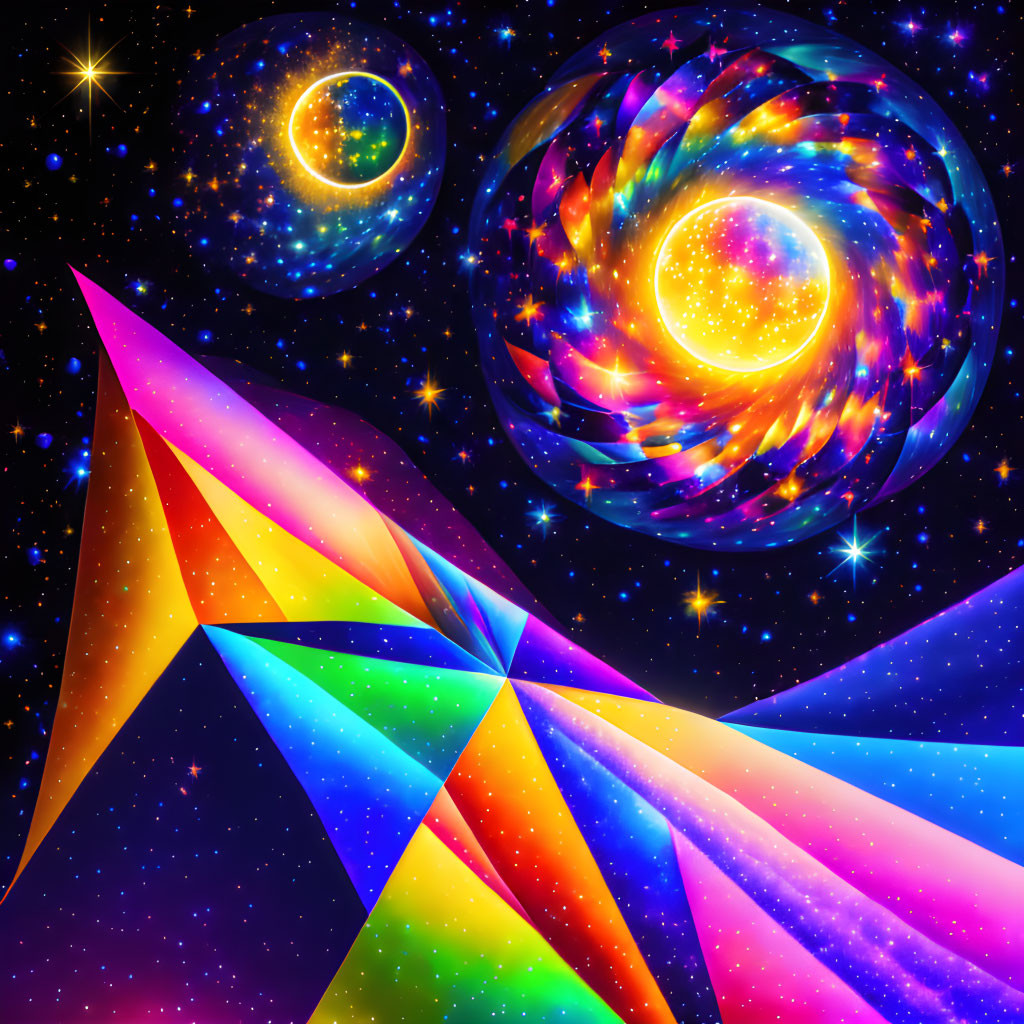 Colorful geometric prism in cosmic setting.