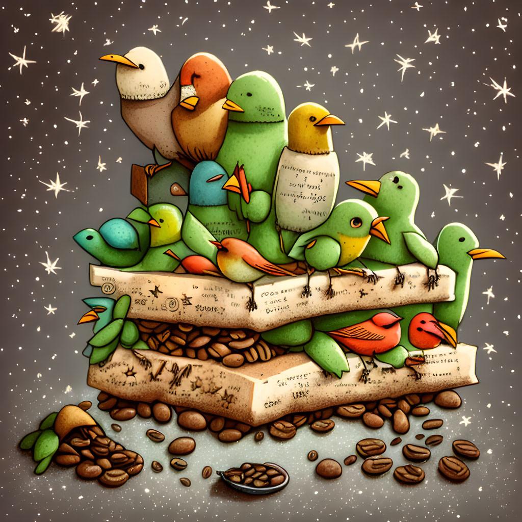 Vibrant Birds on Books with Coffee Beans on Starry Background