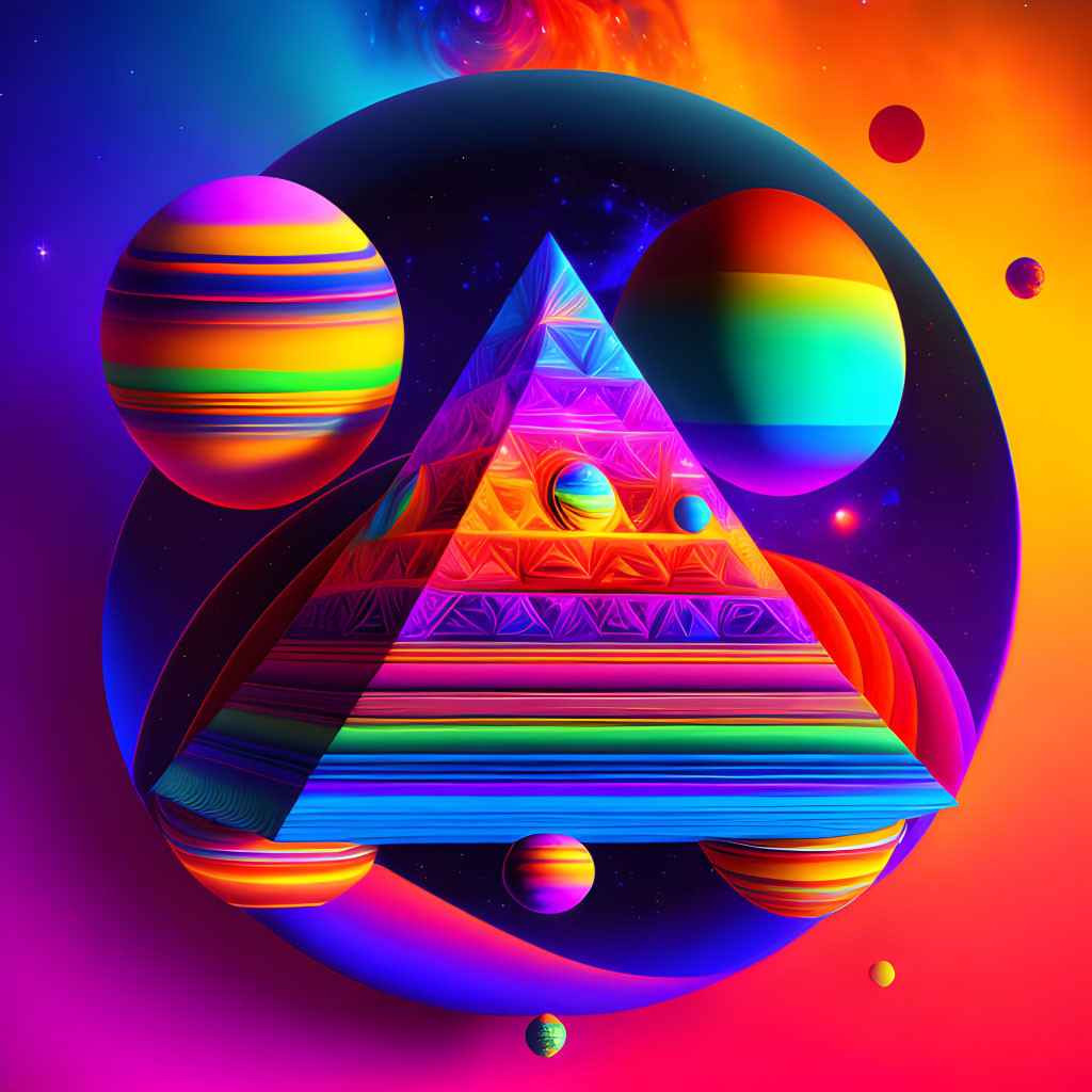 Colorful abstract geometric shapes with large triangle and spheres on neon cosmic background