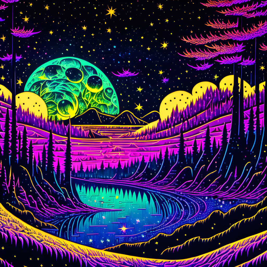 Colorful neon night sky with moon, stars, lake, and cosmic trees