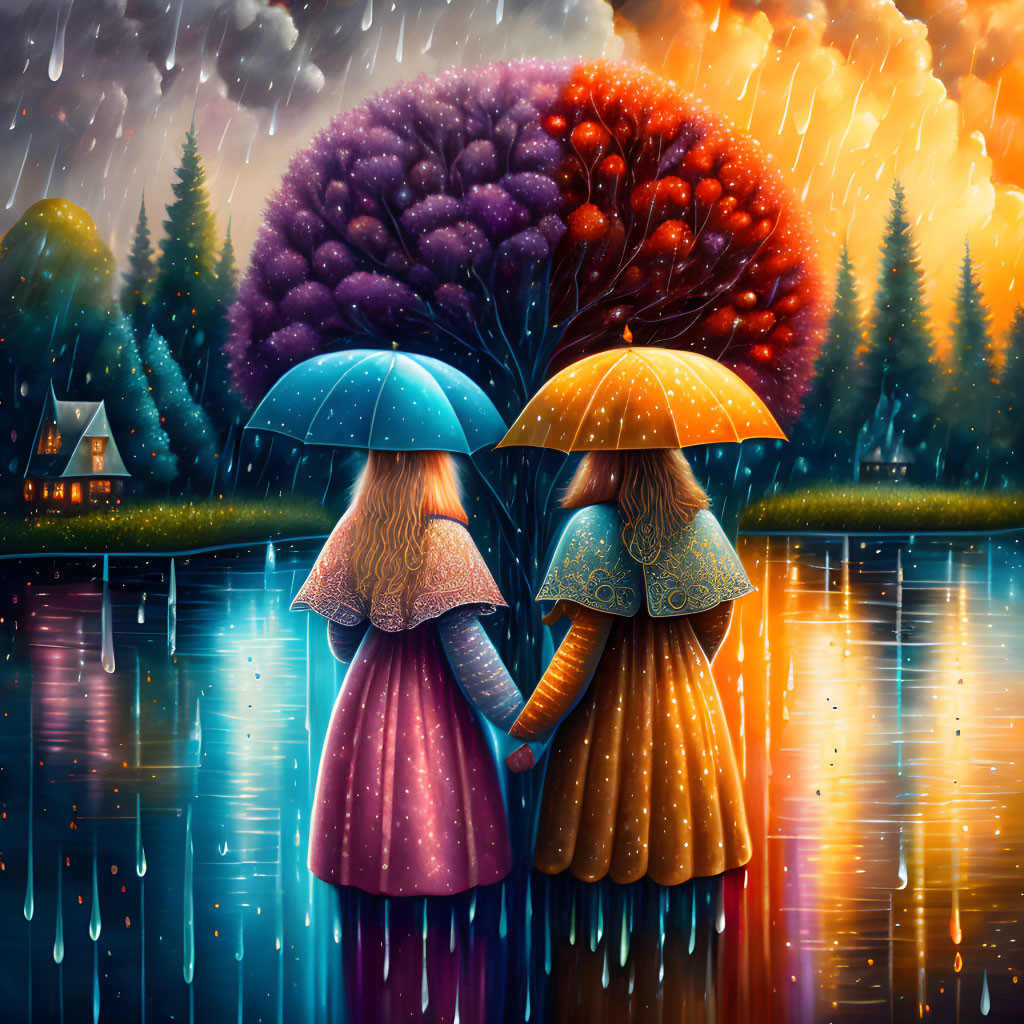 Couple under colorful umbrellas by lake with tree and house in rainy sky