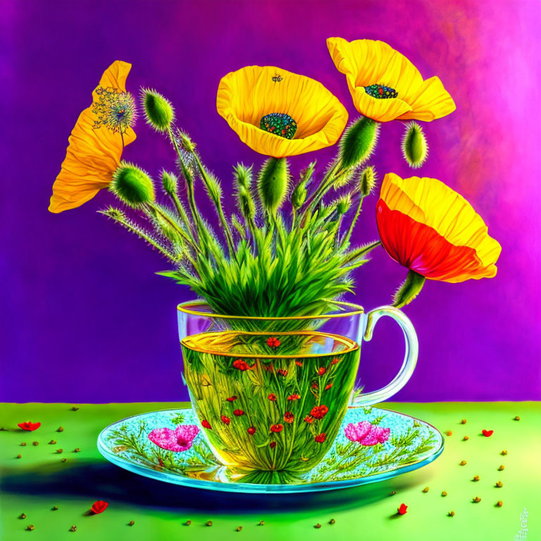 Colorful tea cup with poppy flowers on purple backdrop