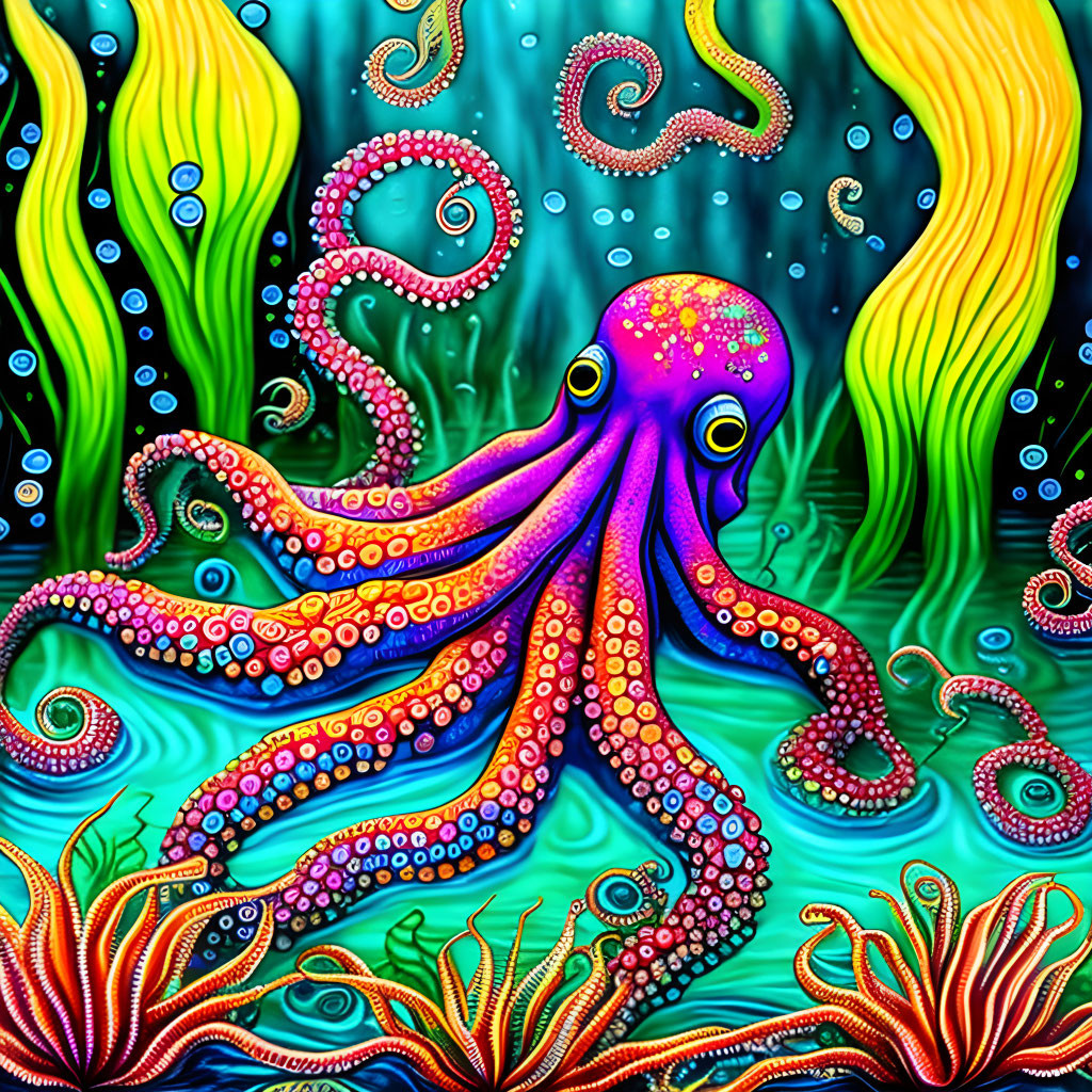 Colorful Digital Art: Octopus Swimming Among Aquatic Plants