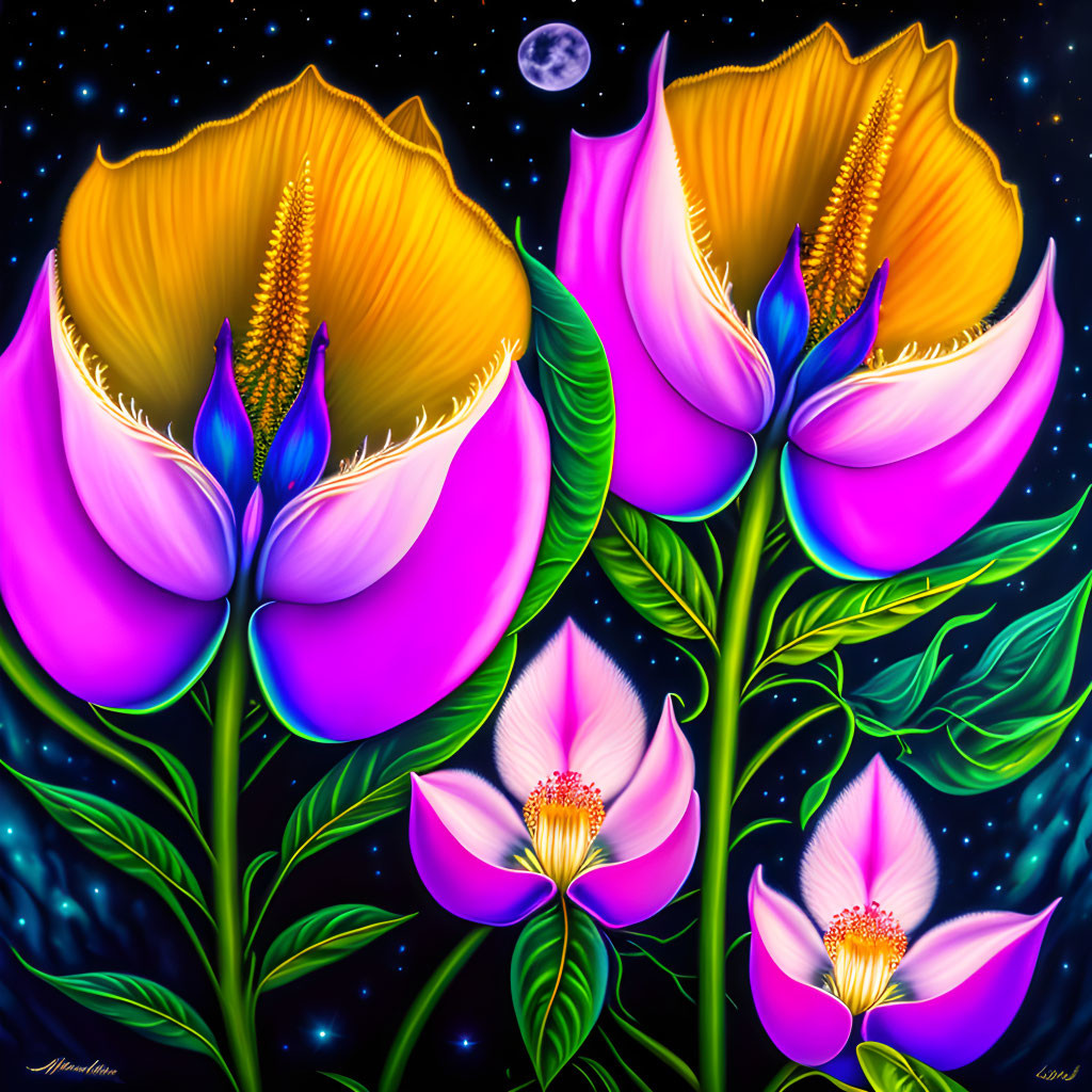 Colorful digital artwork: Pink and yellow flowers in cosmic setting