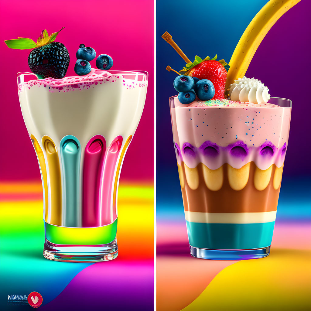 Colorful Milkshake Artworks with Fresh Fruits on Rainbow Backgrounds