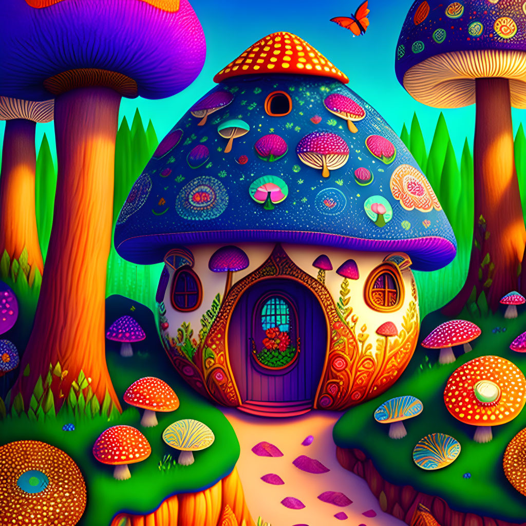 Whimsical Mushroom House in Vibrant Forest Scene