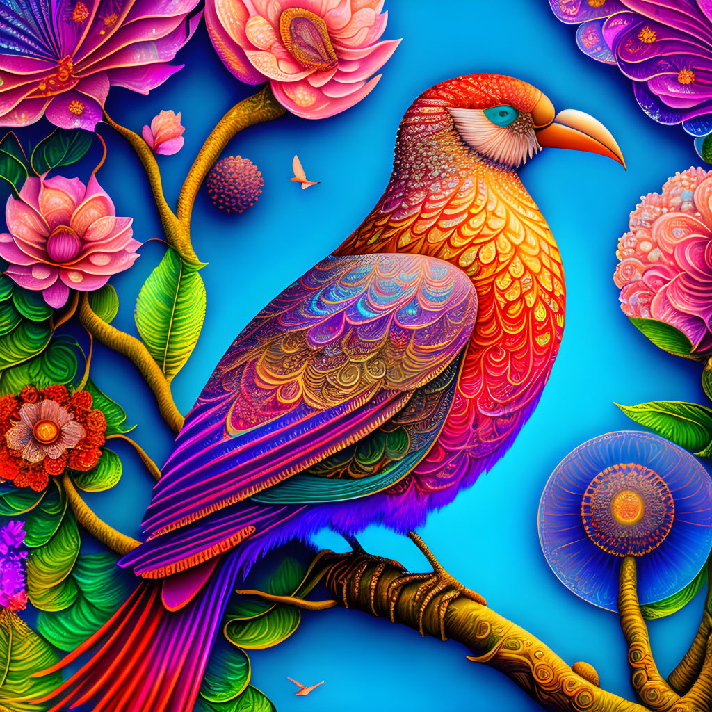 Colorful ornate bird surrounded by flowers and butterfly