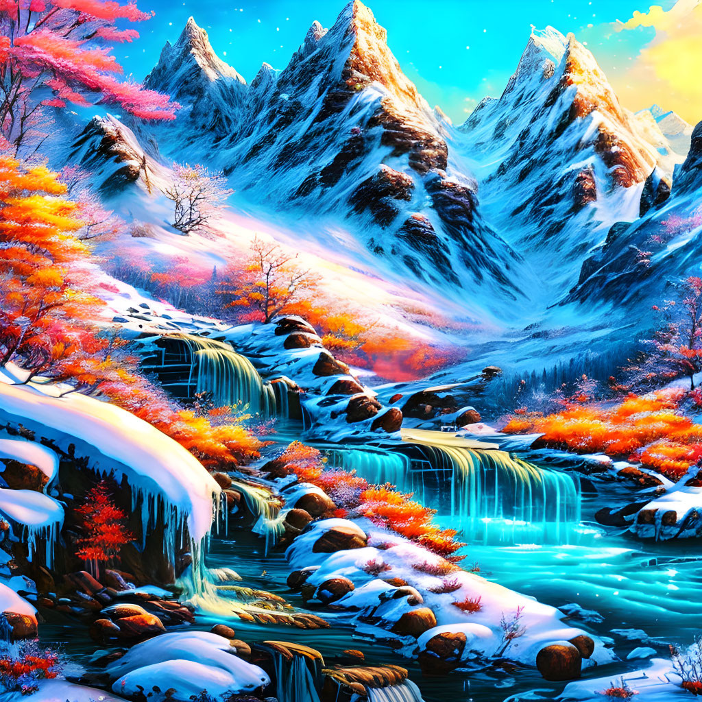 Autumn Waterfalls in Snowy Mountain Landscape