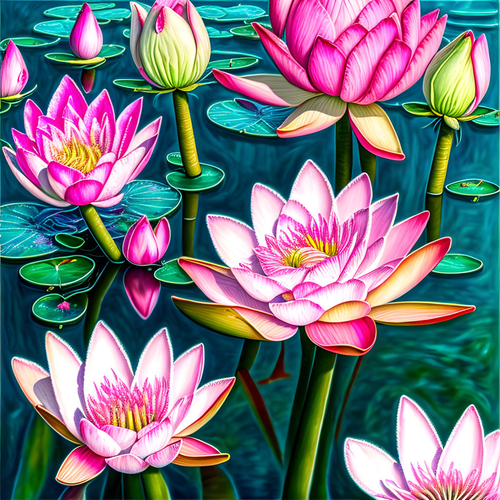 Colorful Lotus Flowers Blooming Above Teal Water