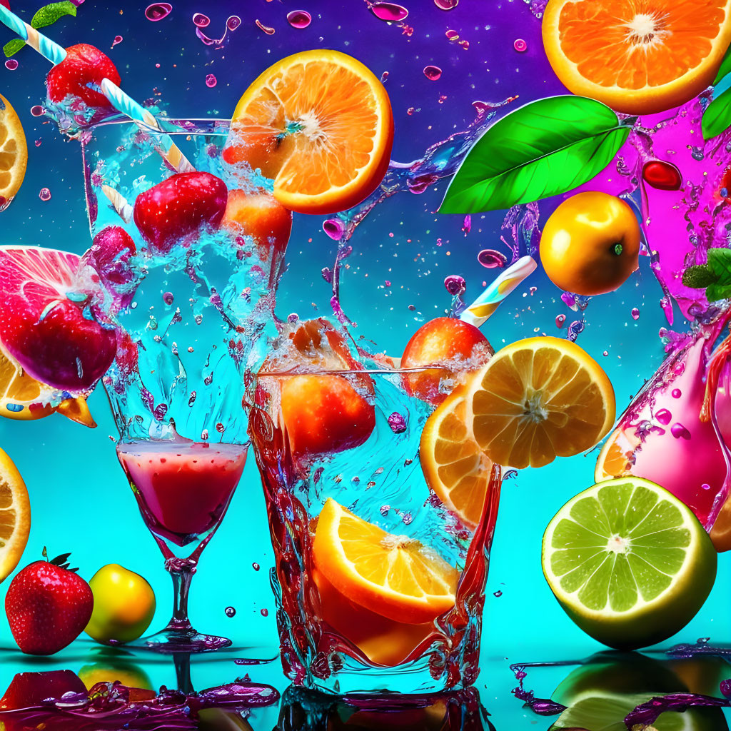 Colorful Fruit and Water Splash Composition with Oranges, Limes, Strawberries, and Beverage