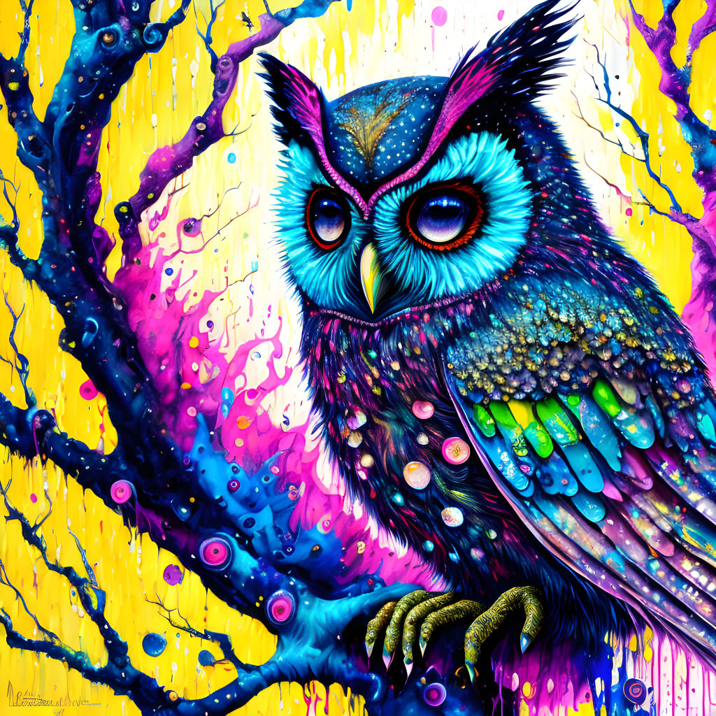 Colorful Owl Artwork with Vibrant Patterns and Bright Background