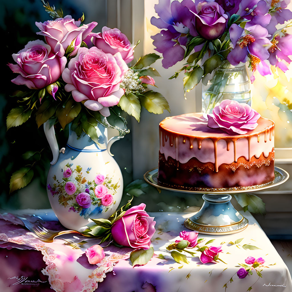 Colorful Still Life: Chocolate Cake with Rose, Vase of Pink Blooms, Purple Floral Window