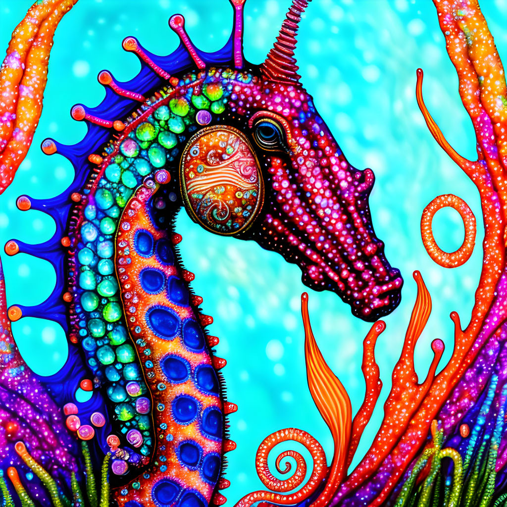 Colorful seahorse digital art with intricate patterns and coral on turquoise backdrop