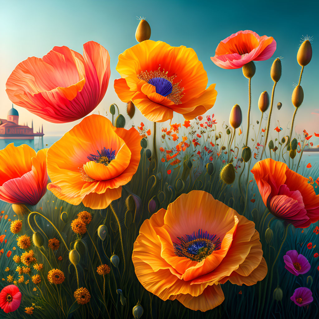 Bright orange poppies against blue sky and distant silhouette.