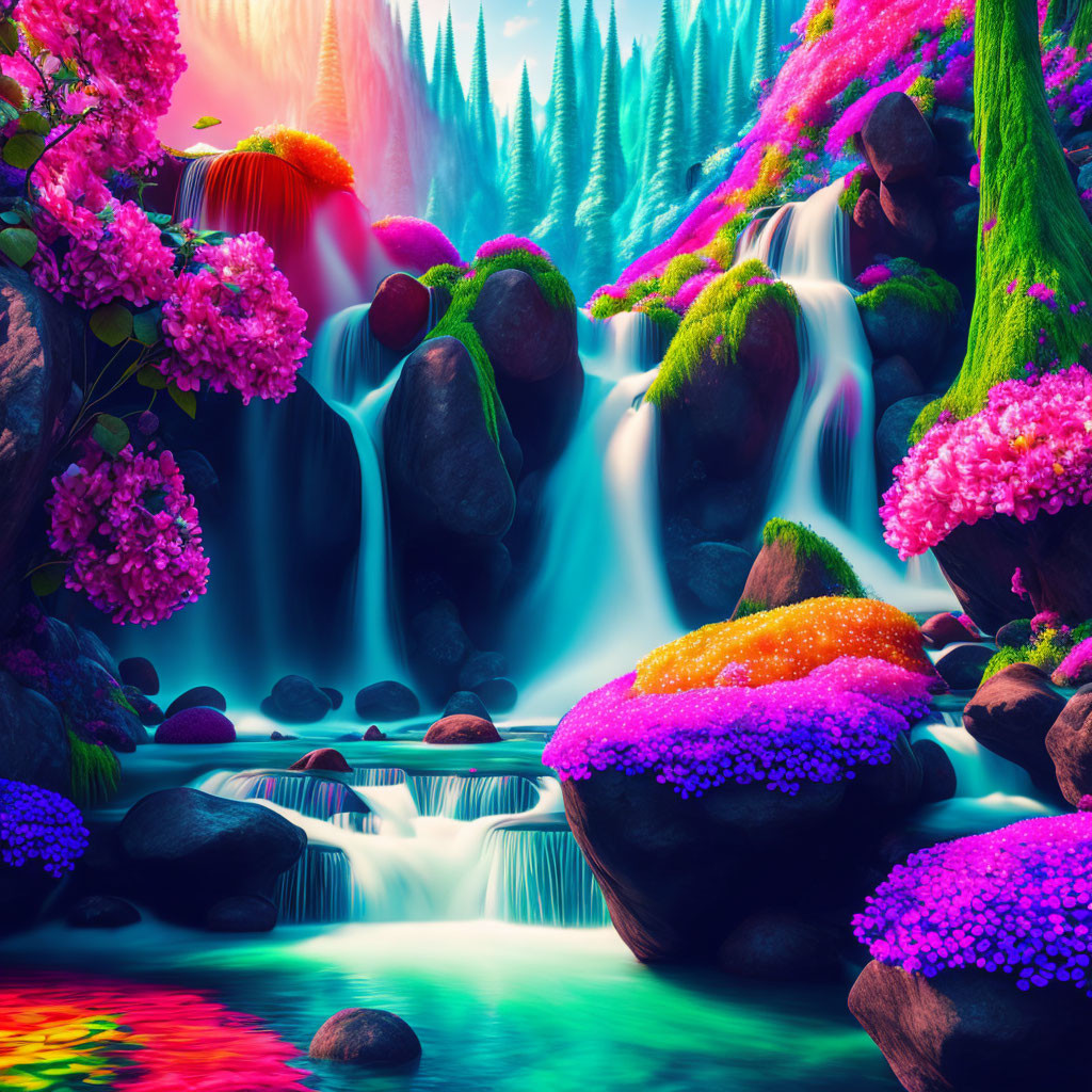 Vibrant fantasy landscape with cascading waterfall and pink flora