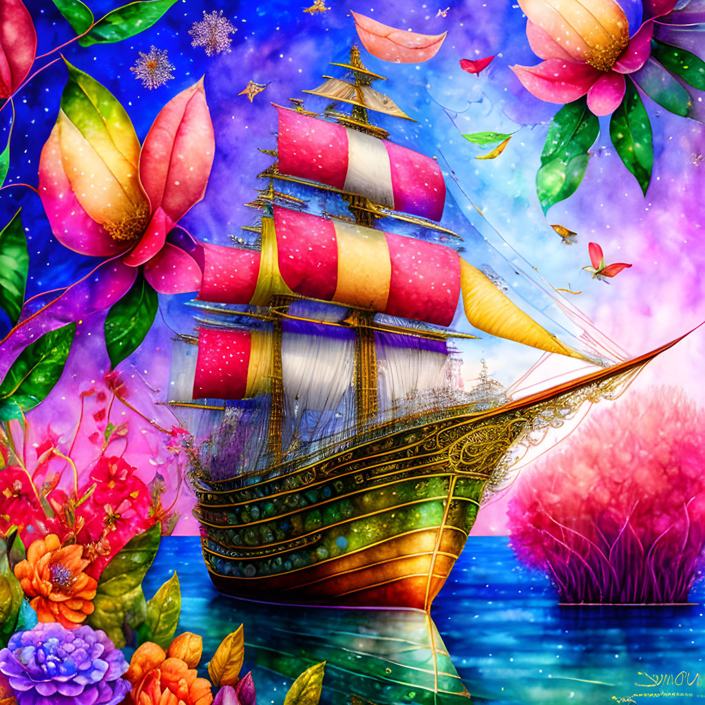 Fantastical ship sailing through vibrant, colorful ocean with oversized flowers and marine life under starry purple