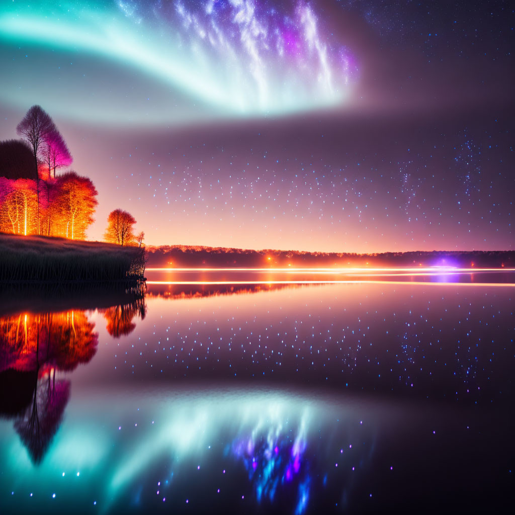 Northern Lights shimmer over colorful lake at night