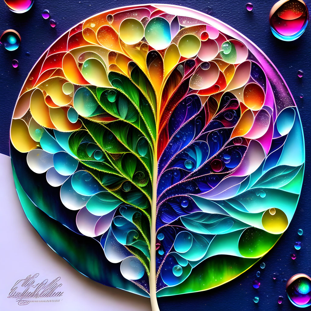 Colorful leaf with intricate patterns and water droplets on dark background.