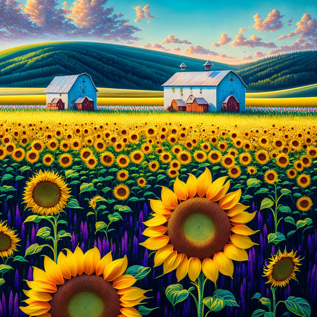 Sunflower Field and Barns Against Green Hills Landscape