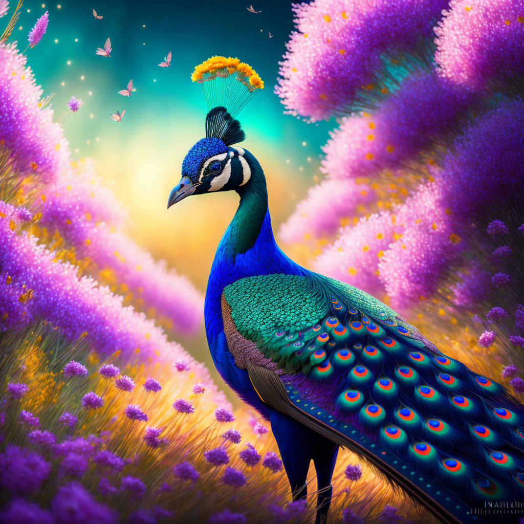 Colorful digital art: peacock, flowers, butterflies in vibrant scene