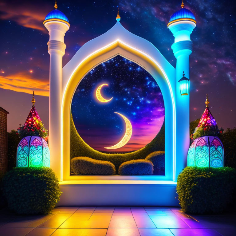 Ornate archway with lanterns under crescent moon