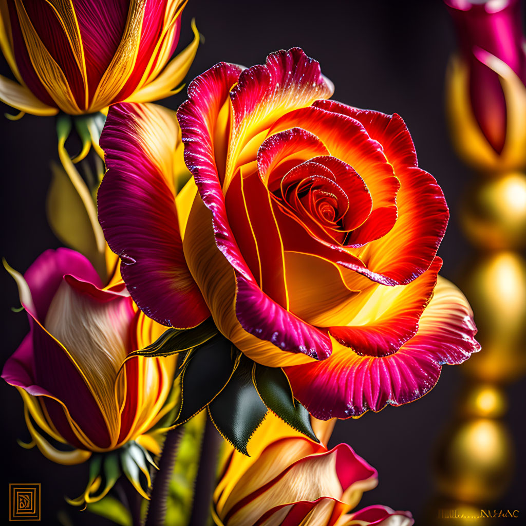 Colorful roses with red and yellow streaked petals on a dark background.