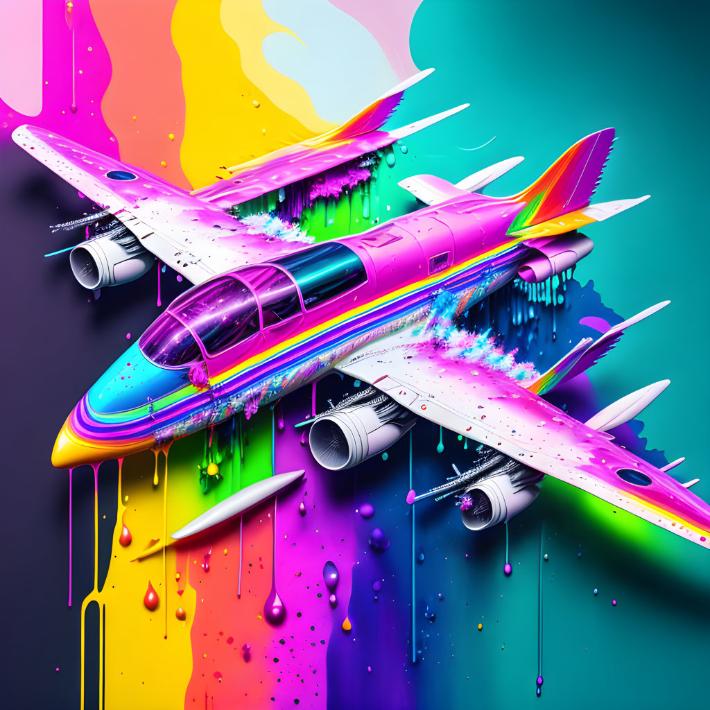 Colorful Airplane Illustration with Neon Paint Dripping on Multicolored Background