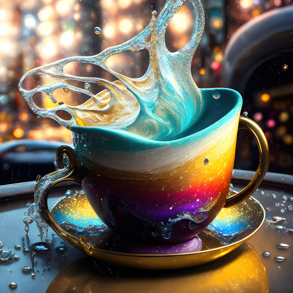 Colorful Teacup Splash with Suspended Droplets on Bokeh Background