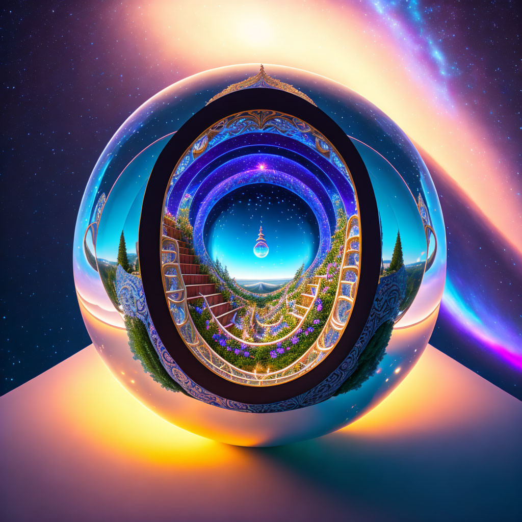 Colorful surreal fractal orb with cosmic and natural elements in starry space