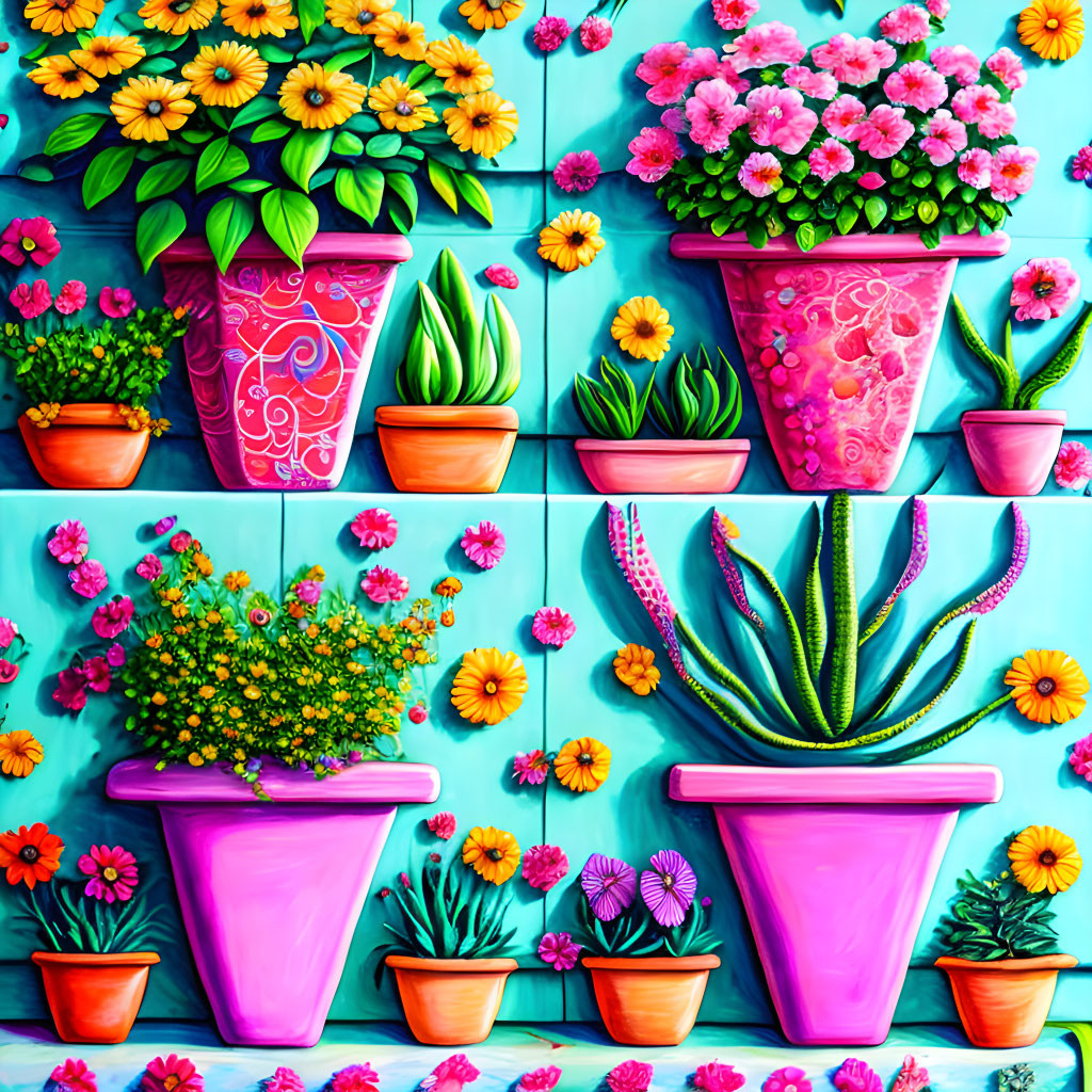 Colorful Potted Plants Painting on Turquoise Background