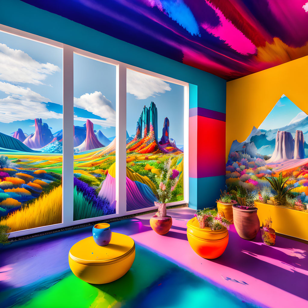 Colorful Psychedelic Room with Fantastical Landscape View and Green Plants