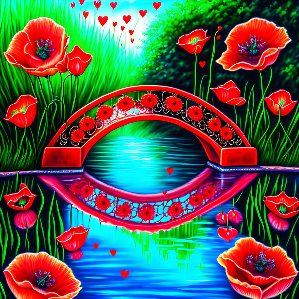 Colorful digital artwork: Red bridge with floral patterns over blue river surrounded by greenery and poppies