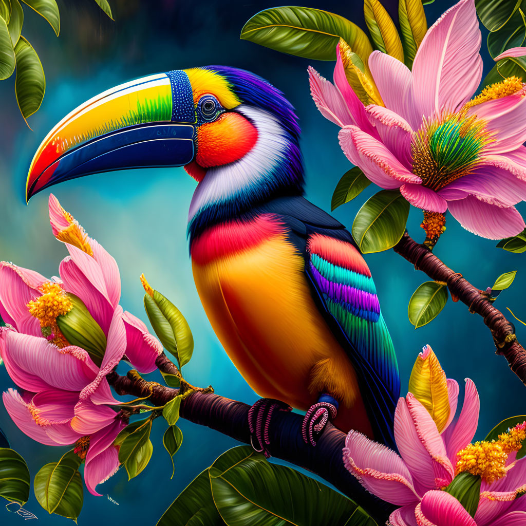 Colorful Toucan Perched on Branch Among Pink Blossoms on Teal Background