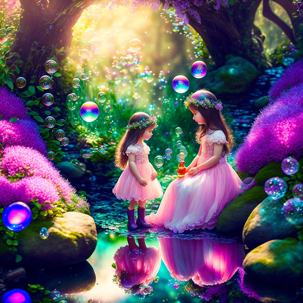 Two girls in floral crown dresses in enchanted forest with bubbles and vibrant flora.