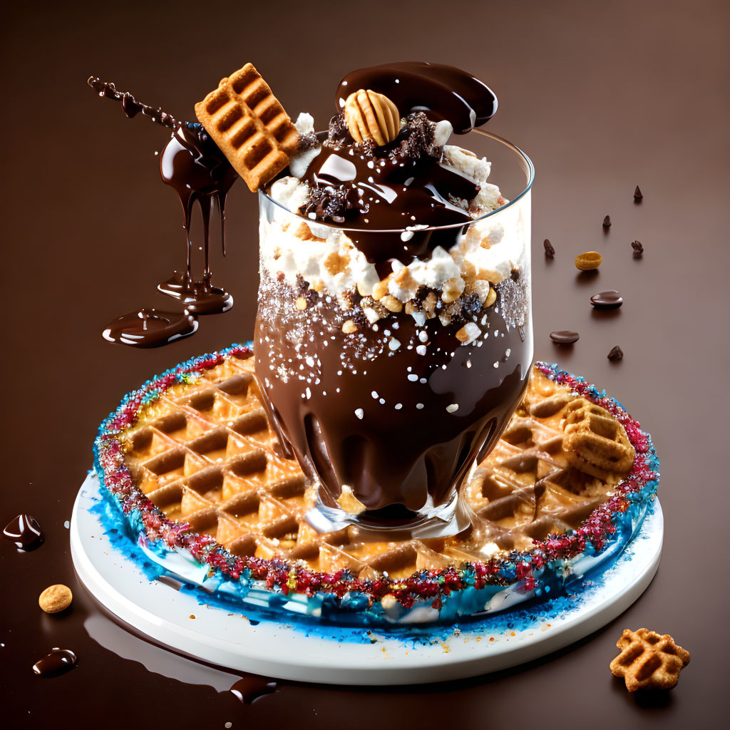 Decadent dessert with overflowing chocolate, waffles, whipped cream, nuts, and colorful sprinkles