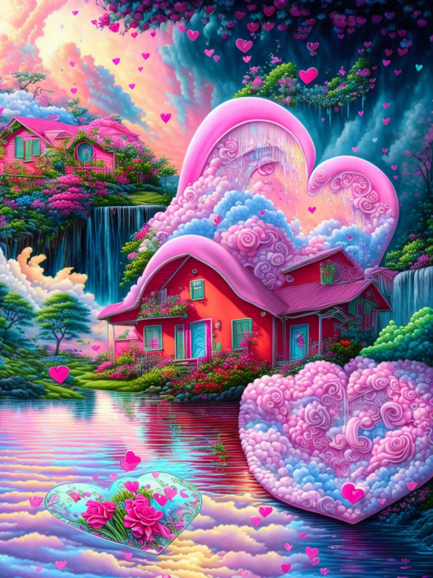 Fantasy landscape with heart-shaped formations, cottage by lake, waterfalls, lush flora, floating hearts