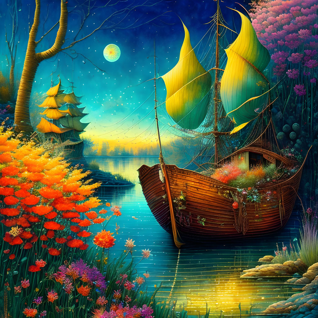 Colorful Artwork: Tall Ships with Yellow Sails in Magical River Scene