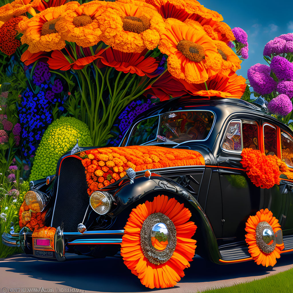 Vintage Black Car with Vibrant Orange Flowers in Colorful Garden Setting