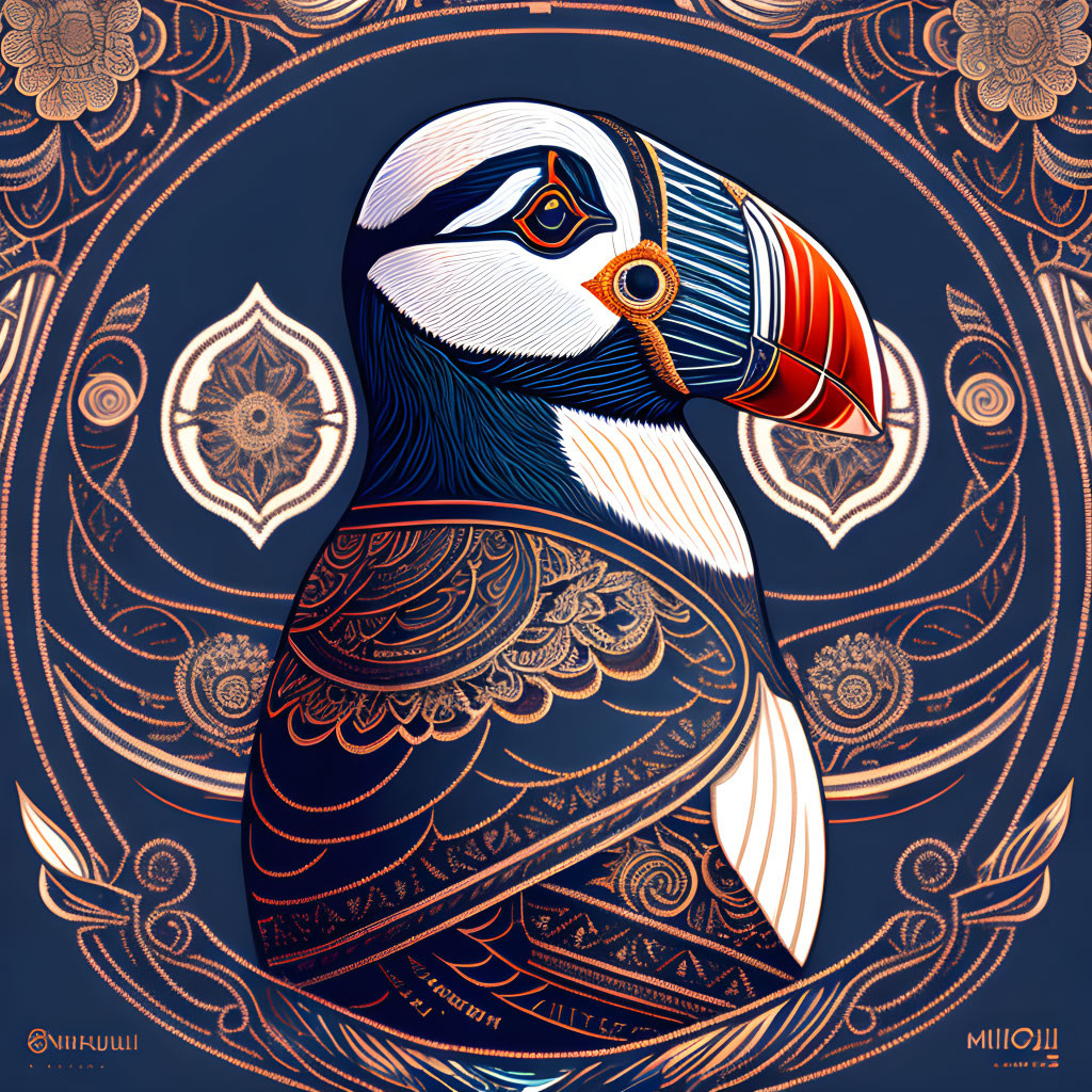 Detailed puffin illustration with mandalas on blue background